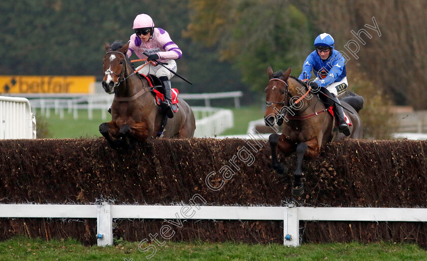 Stay-Away-Fay-0001 
 STAY AWAY FAY (left, Harry Cobden) beats GIOVINCO (right) in The Betfair Esher Novices Chase
Sandown 8 Dec 2023 - pic Steven Cargill / Racingfotos.com