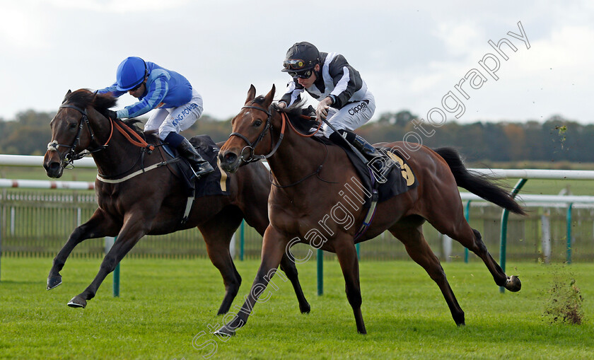 Indy-Moon-0002 
 INDY MOON (right, Kieran Shoemark) beats ABALONE PEARL (left) in The Discover Newmarket Fillies Restricted Novice Stakes
Newmarket 20 Oct 2021 - Pic Steven Cargill / Racingfotos.com