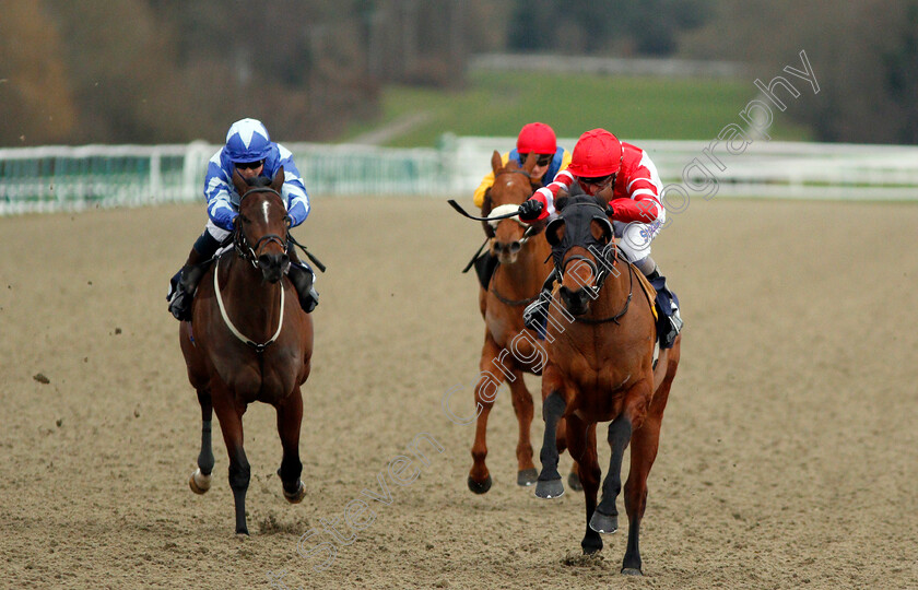 Nomorecalls-0002 
 NOMORECALLS (right, Joe Fanning) beats REIFFA (left) in The Betway Novice Stakes Lingfield 2 Feb 2018 - Pic Steven Cargill / Racingfotos.com