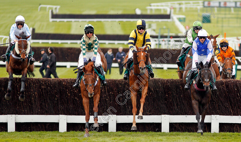 Foxcub-0001 
 FOXCUB (left, Emma Yardley) jumps with FINDLAY'S FIND (2nd left) MASTER SUNRISE (2nd right) and MINELLA FRIEND (right) on his way to winning The Hunt Staff Benefit Society Open Hunters Chase Cheltenham 4 May 2018 - Pic Steven Cargill / Racingfotos.com