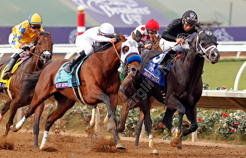 Battle-Of-Midway-0005 
 BATTLE OF MIDWAY (left, Flavian Prat) beats SHARP AZTECA (right) in The Breeders' Cup Dirt Mile, Del Mar USA 3 Nov 2017 - Pic Steven Cargill / Racingfotos.com