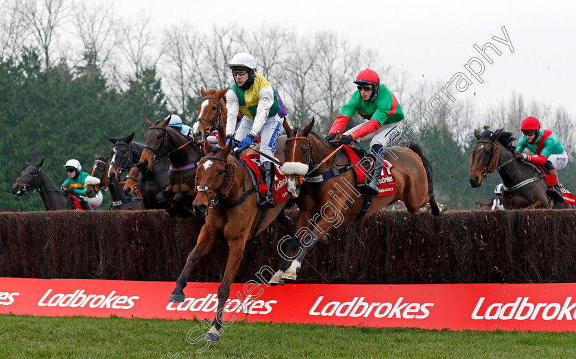 Cloth-Cap-0003 
 CLOTH CAP (centre, Tom Scudamore) with TWO FOR GOLD (right) at the first fence in The Ladbrokes Trophy Chase
Newbury 28 Nov 2020 - Pic Steven Cargill / Racingfotos.com