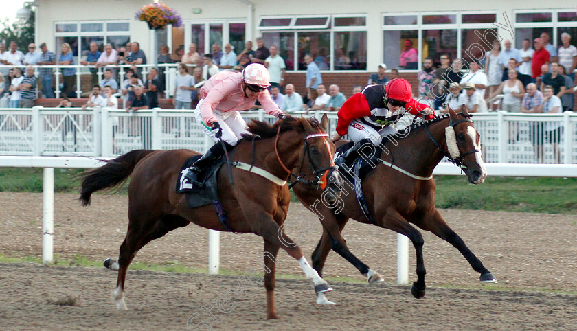 Beau-Knight-0002 
 BEAU KNIGHT (right, Hollie Doyle) beats STEEL HELMET (left) in The Celebrate July's Hero Gaynor Wareham Handicap
Chelmsford 23 Jul 2019 - Pic Steven Cargill / Racingfotos.com