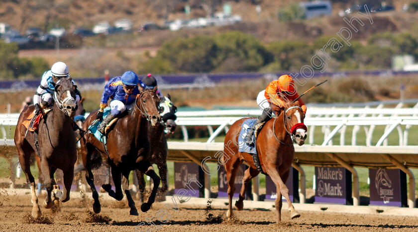 Tequilaandtherapy-0001 
 TEQUILAANDTHERAPY (right, Edwin Maldonado) wins The Golden State Juvenile Fillies Stakes
Del Mar USA 1 Nov 2024 - Pic Steven Cargill / Racingfotos.com