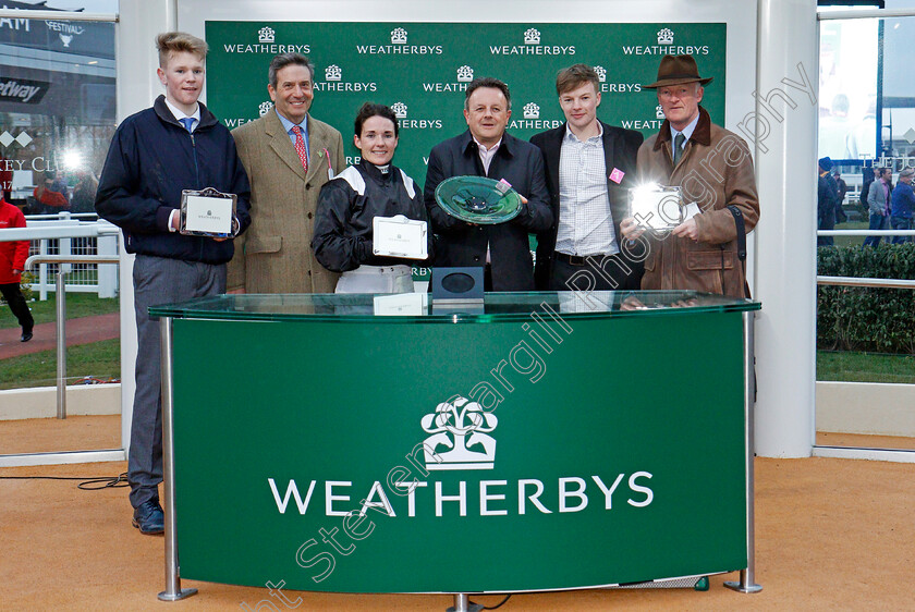 Relegate-0007 
 Presentation by Roger Weatherby to Paul McKeon, Willie Mullins and Katie Walsh for The Weatherbys Champion Bumper won by RELEGATE Cheltenham 14 Mar 2018 - Pic Steven Cargill / Racingfotos.com