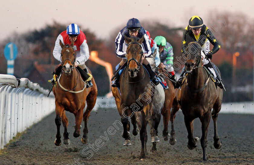 Kyllachy-Gala-0007 
 KYLLACHY GALA (centre, Gabriele Malune) beats PACTOLUS (right) and FIRE FIGHTING (left) in The 32Red Handicap Kempton 7 Mar 2018 - Pic Steven Cargill / Racingfotos.com