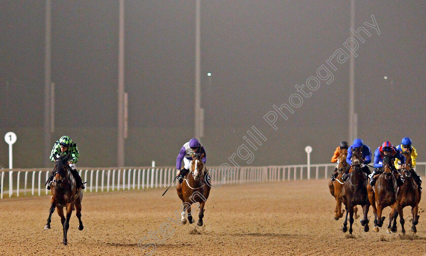 Kitty-Boo-0001 
 KITTY BOO (left, Jamie Spencer) wins The Bet totetrifecta At betfred.com Maiden Fillies Stakes Chelmsford 26 Sep 2017 - Pic Steven Cargill / Racingfotos.com