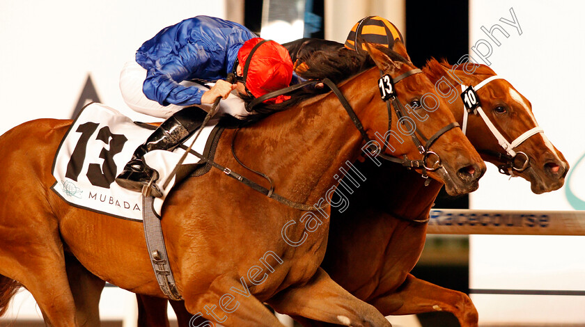 Winter-Lightning-0008 
 WINTER LIGHTNING (left, Pat Cosgrave) beats RAYYA (right) in The UAE 1000 Guineas Trial Meydan 18 Jan 2018 - Pic Steven Cargill / Racingfotos.com