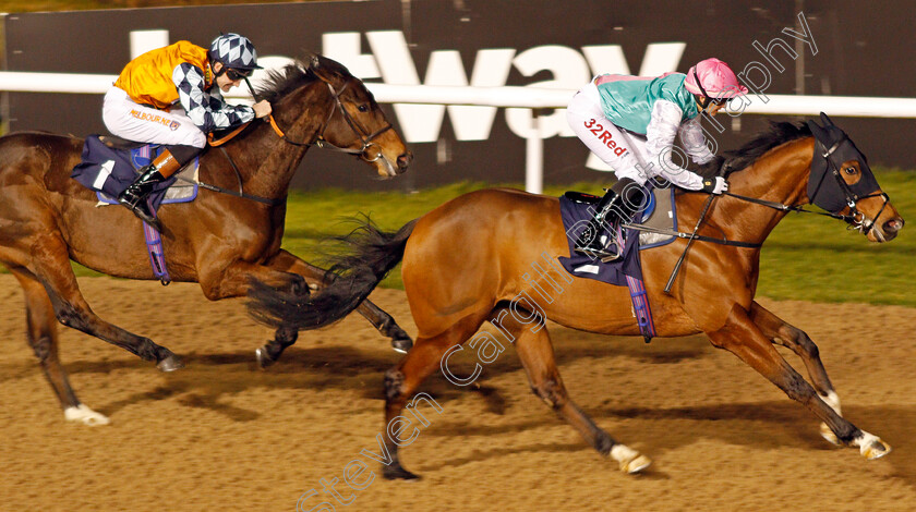 Star-Archer-0006 
 STAR ARCHER (Josephine Gordon) beats SAM MISSILE (left) in The Betway Novice Stakes Wolverhampton 15 Jan 2018 - Pic Steven Cargill / Racingfotos.com