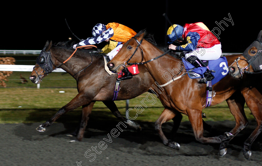 Strategic-Heights-0003 
 STRATEGIC HEIGHTS (left, Jamie Spencer) beats AWESOME ALLAN (3) in The 32Red Casino Handicap Kempton 7 Mar 2018 - Pic Steven Cargill / Racingfotos.com