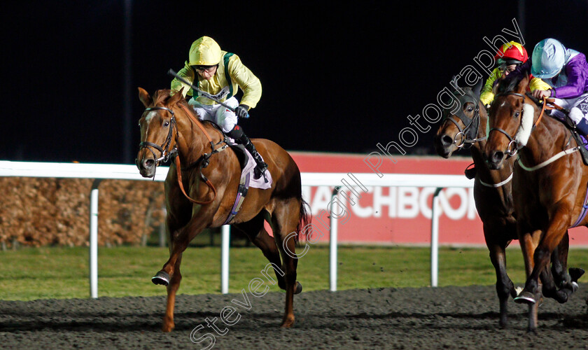 Folies-Bergeres-0002 
 FOLIES BERGERES (Nicola Currie) wins The Commission Free Racing At Matchbook Median Auction Maiden Fillies Stakes Kempton 21 Mar 2018 - Pic Steven Cargill / Racingfotos.com