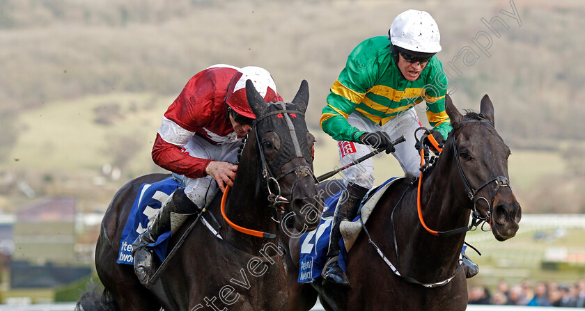 Delta-Work-0003 
 DELTA WORK (left, Davy Russell) beats GLENLOE (right) in The Pertemps Network Final Handicap Hurdle Cheltenham 15 Mar 2018 - Pic Steven Cargill / Racingfotos.com