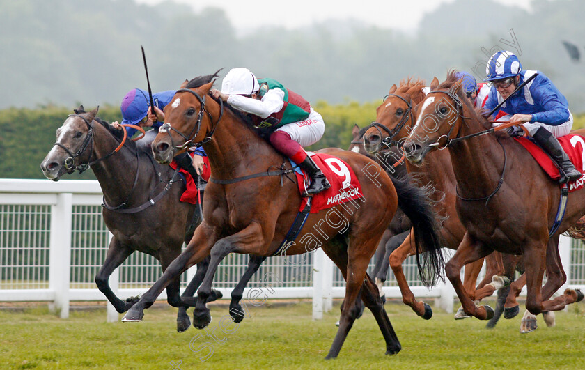 Without-Parole-0005 
 WITHOUT PAROLE (centre, Frankie Dettori) beats GABR (right) and VINTAGER (left) in The Matchbook Is Commission Free Heron Stakes Sandown 24 May 2018 - Pic Steven Cargill / Racingfotos.com