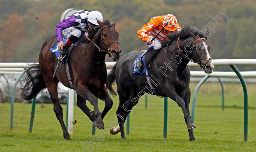 Blazing-Tunder-0007 
 BLAZING TUNDER (Dane O'Neill) beats ASTROLOGIST (left) in The Kier Construction EBF Maiden Stakes Div2 Nottingham 18 Oct 2017 - Pic Steven Cargill / Racingfotos.com