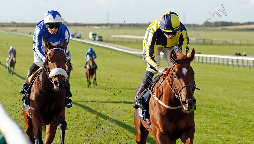 Wind-Your-Neck-In-0004 
 WIND YOUR NECK IN (right, Ryan Moore) beats AEGIS POWER (left) in The British EBF Future Stayers Nursery
Newmarket 20 Oct 2021 - Pic Steven Cargill / Racingfotos.com