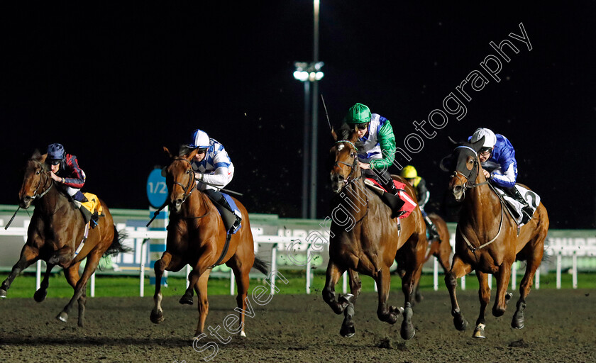 Brewing-0004 
 BREWING (Adam Farragher) beats FLYING SECRET (right) and LORD PARAMOUNT (2nd left) in The Unibet Extra Place Offers Every Day Novice Stakes
Kempton 16 Nov 2022 - Pic Steven Cargill / Racingfotos.com