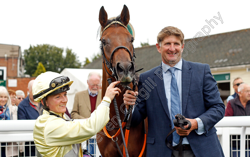 Romantic-Time-0009 
 ROMANTIC TIME (Hollie Doyle) with trainer William Stone after The IRE Incentive Scheme Dick Poole Fillies Stakes
Salisbury 2 Sep 2021 - Pic Steven Cargill / Racingfotos.com