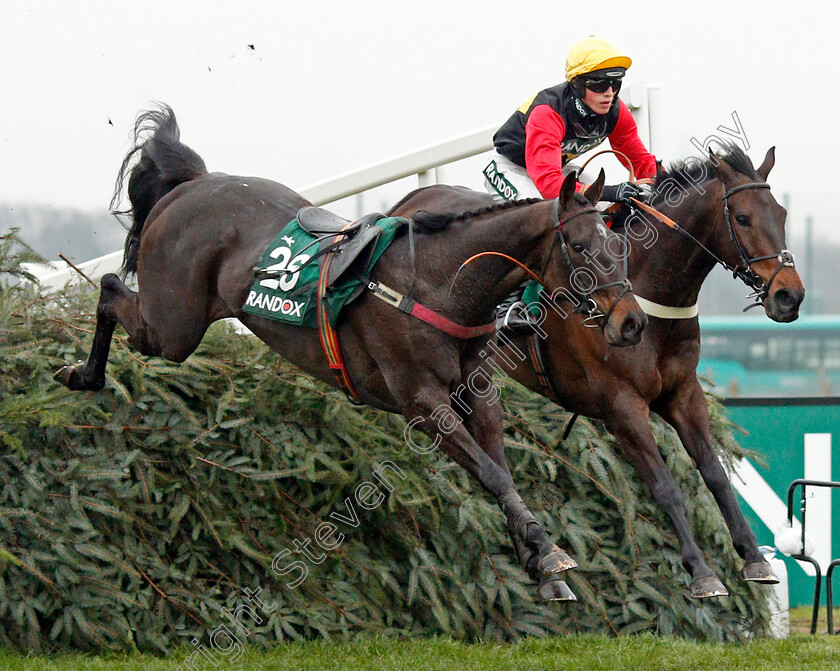 Ultragold-0007 
 ULTRAGOLD (right, Harry Cobden) jumps the last with the loose NEWSWORTHY on his way to winning The Randox Health Topham Handicap Chase Aintree 13 Apr 2018 - Pic Steven Cargill / Racingfotos.com