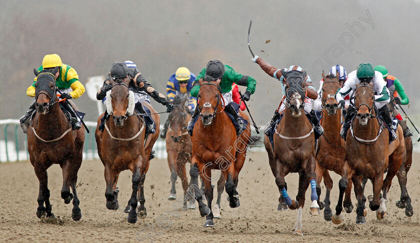 Kachy-0004 
 KACHY (centre, Richard Kingscote) beats KIMBERELLA (right) CASPIAN PRINCE (2nd right) INTISAAB (2nd left) and LANCELOT DU LAC (left) in The Betway Cleves Stakes Lingfield 3 Feb 2018 - Pic Steven Cargill / Racingfotos.com