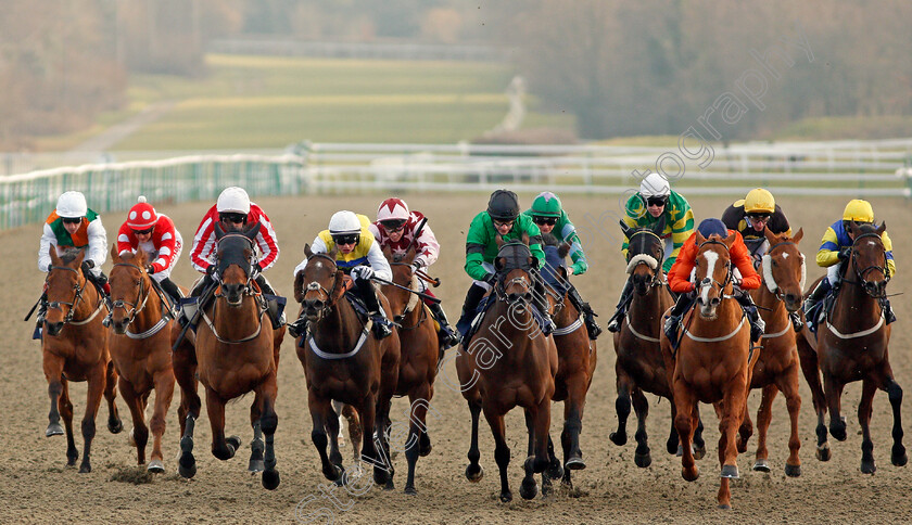 Eljaddaaf-0003 
 ELJADDAAF (3rd left, Robert Winston) beats MICKEY (centre) and OUTER SPACE (4th left) in The Play Starburst Slot At sunbets.co.uk/vegas Handicap Lingfield 23 Feb 2018 - Pic Steven Cargill / Racingfotos.com