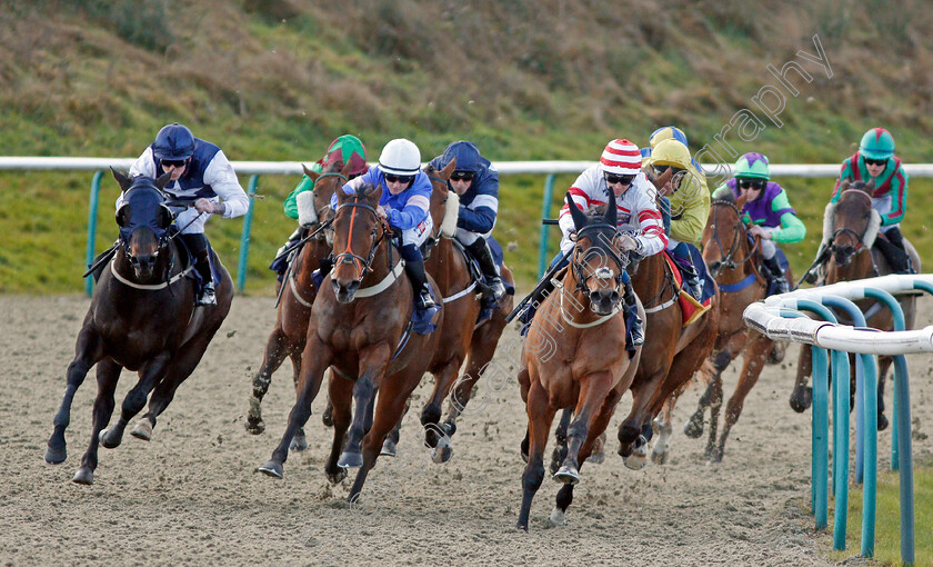 Kodiline-0002 
 KODILINE (left, Clifford Lee) beats DREAMBOAT ANNIE (2nd left) and HIGHLAND ACCLAIM (right) in The Bombardier Golden Beer Selling Handicap
Lingfield 11 Dec 2019 - Pic Steven Cargill / Racingfotos.com