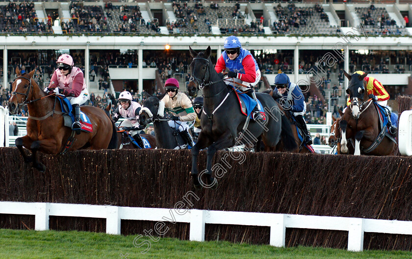 Bells- N -Banjos-0002 
 BELLS 'N' BANJOS (centre, Ally Stirling) jumps with VINEGAR HILL (left) 
Cheltenham 26 Oct 2018 - Pic Steven Cargill / Racingfotos.com