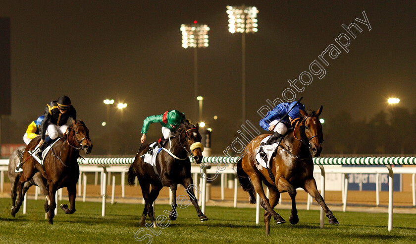 Promising-Run-0002 
 PROMISING RUN (Pat Cosgrave) beats REHANA (centre) in The Cape Verdi Stakes Meydan 25 Jan 2018 - Pic Steven Cargill / Racingfotos.com