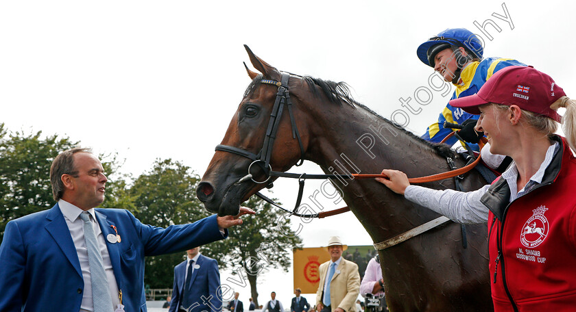 Trueshan-0009 
 TRUESHAN (Hollie Doyle) greeted by Alan King after The Al Shaqab Goodwood Cup
Goodwood 27 Jul 2021 - Pic Steven Cargill / Racingfotos.com