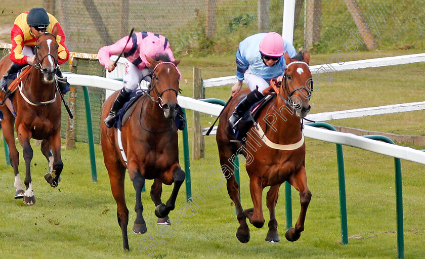 So-Sleek-0001 
 SO SLEEK (centre, Jamie Spencer) beats VERNATTI (right) in The British EBF Fillies Handicap Yarmouth 21 Sep 2017 - Pic Steven Cargill / Racingfotos.com