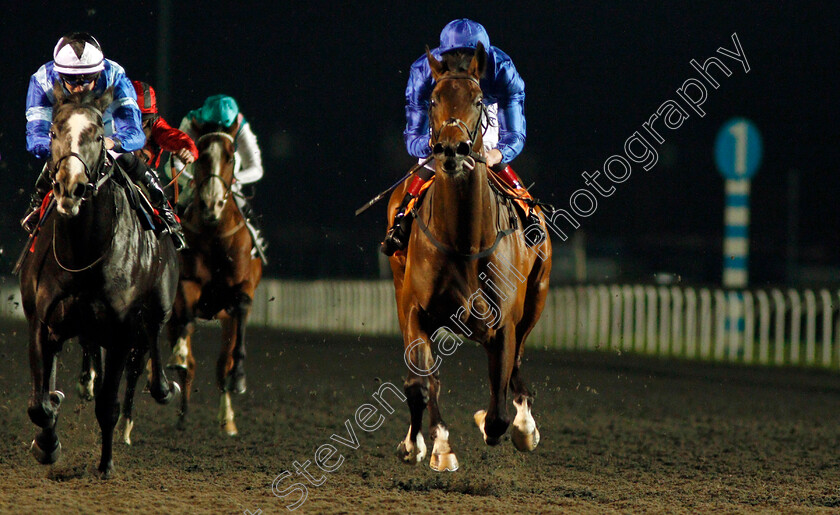 Native-Appeal-0004 
 NATIVE APPEAL (right, Adam Kirby) beats ALBISHR (left) in The 32Red On The App Store Novice Stakes Div2 Kempton 20 Dec 2017 - Pic Steven Cargill / Racingfotos.com