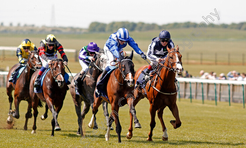 Warsaan-0002 
 WARSAAN (centre, Jim Crowley) beats AUSTIN POWERS (right) in The Rewards4racing.com Handicap Div2 Newmarket 18 May 2018 - Pic Steven Cargill / Racingfotos.com