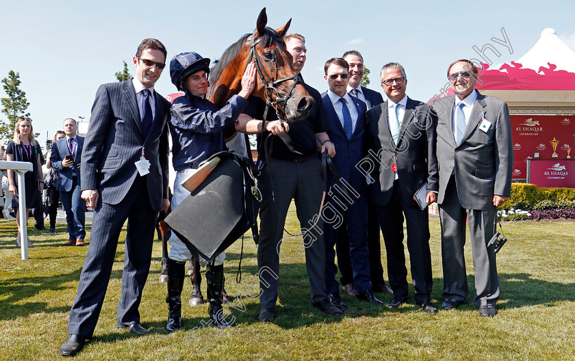 Rhododendron-0011 
 RHODODENDRON (Ryan Moore) with Aidan O'Brien and the lads after The Al Shaqab Lockinge Stakes Newbury 19 May 2018 - Pic Steven Cargill / Racingfotos.com