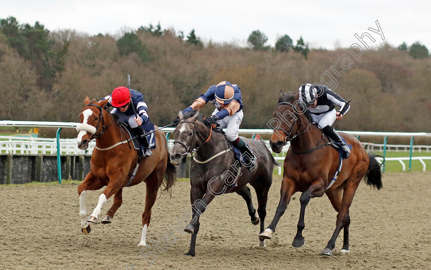 Crystal-Casque-0005 
 CRYSTAL CASQUE (left, Jack Gilligan) beats DAYZEE (centre) and TWIRLING (right) in The BetMGM Irish EBF Fillies Handicap
Lingfield 23 Dec 2023 - Pic Steven Cargill / Racingfotos.com