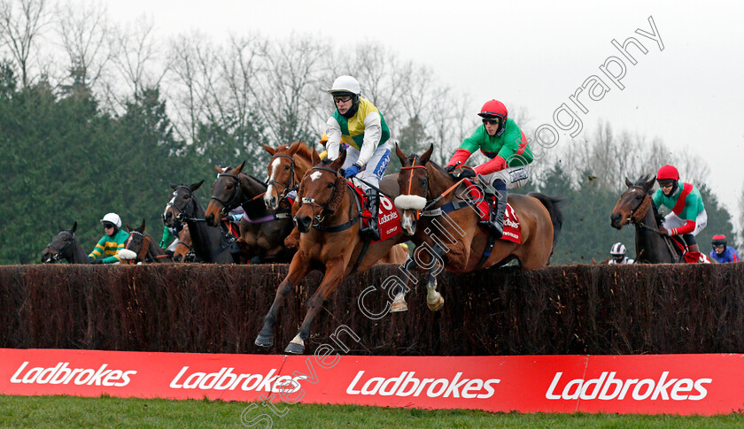 Cloth-Cap-0002 
 CLOTH CAP (centre, Tom Scudamore) with TWO FOR GOLD (right) at the first fence in The Ladbrokes Trophy Chase
Newbury 28 Nov 2020 - Pic Steven Cargill / Racingfotos.com