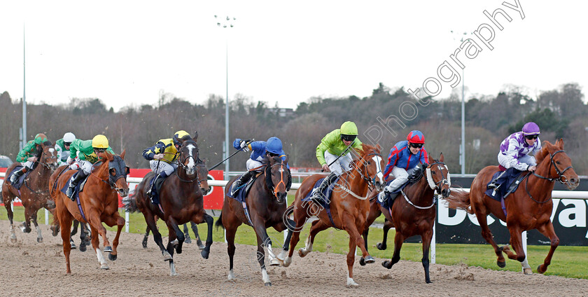 Surrey-Blaze-0001 
 SURREY BLAZE (2nd left, Oisin Murphy) beats AUTHENTIC ART (left) PRINCE CONSORT (3rd left) HEADWEAR (3rd right) PROGRESSIVE JAZZ (2nd right) and FREEBE ROCKS (right) in The 32Red Casino Handicap Wolverhampton 4 Jan 2018 - Pic Steven Cargill / Racingfotos.com