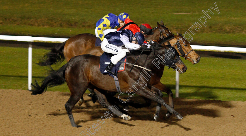 Kodiline-0002 
 KODILINE (nearside, Richard Kingscote) beats BILLYFAIRPLAY (centre) and ANGEL PALANAS (farside) in The Bombardier British Hopped Amber Beer Claiming Stakes
Wolverhampton 13 Jan 2020 - Pic Steven Cargill / Racingfotos.com