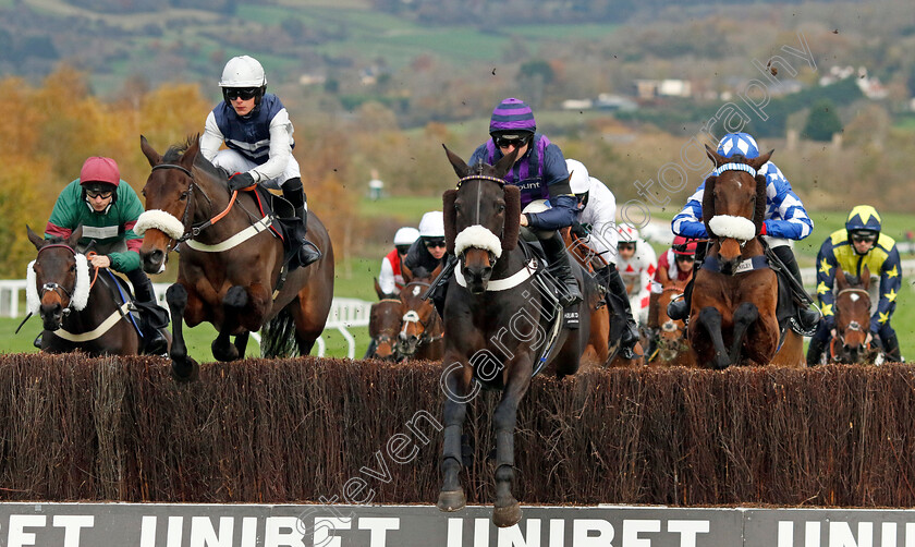 Abuffalosoldier-0014 
 ABUFFALOSOLDIER (centre, Sean Bowen) with ROSE OF ARCADIA (left) and DOES HE KNOW (right) in The Holland Cooper Handicap Chase
Cheltenham 17 Nov 2024 - Pic Steven Cargill / racingfotos.com