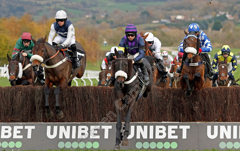 Abuffalosoldier-0013 
 ABUFFALOSOLDIER (centre, Sean Bowen) with ROSE OF ARCADIA (left) and DOES HE KNOW (right) in The Holland Cooper Handicap Chase
Cheltenham 17 Nov 2024 - Pic Steven Cargill / racingfotos.com