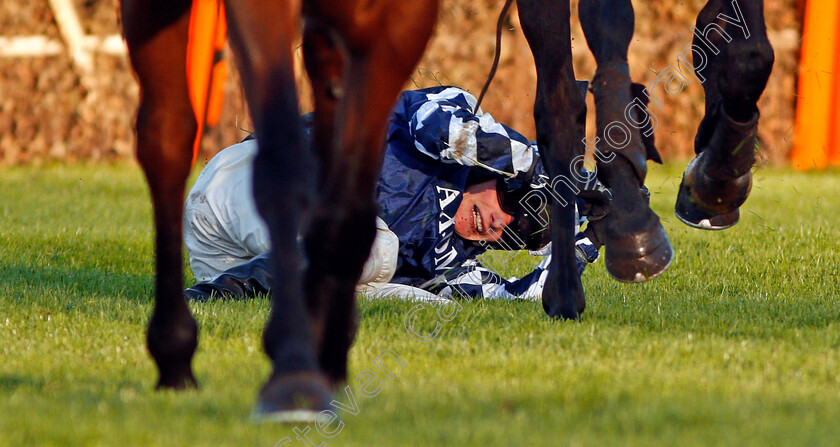 Kevin-Dowling-0002 
 Kevin Dowling amongst hooves after being unseated from FIDUX as MARIA'S BENEFIT (Ciaran Gethings) wins The Play Casino At 188bet Handicap Hurdle Sandown 12 Nov 2017 - Pic Steven Cargill / Racingfotos.com