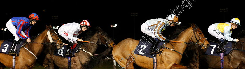 Influent-0003 
 Jockeys racing at Wolverhampton (L to R); Patrick O'Hanlon, Luke Morris (on winner INFLUENT), Oisin Murphy and Hollie Doyle during The Betway Handicap Wolverhampton 4 Jan 2018 - Pic Steven Cargill / Racingfotos.com