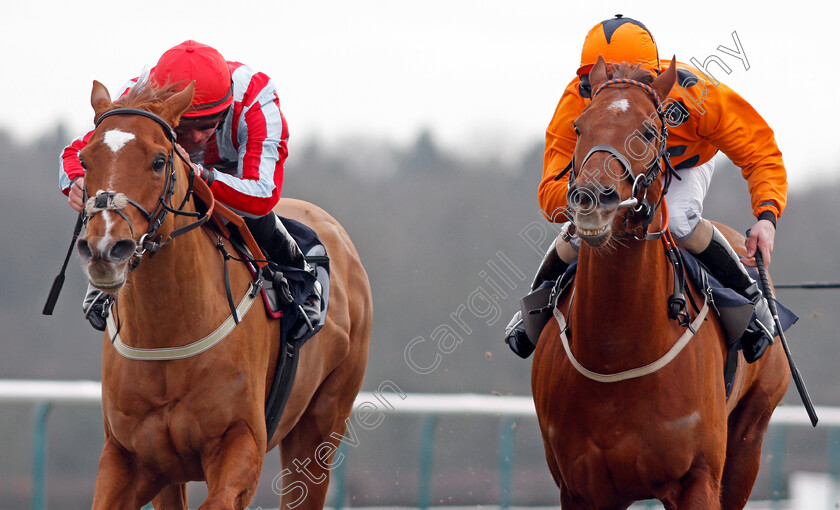 Toriano-0005 
 TORIANO (left, Tom Marquand) beats VARSOVIAN (right) in The Play Jackpot Games At sunbets.co.uk/vegas Handicap Lingfield 6 Jan 2018 - Pic Steven Cargill / Racingfotos.com