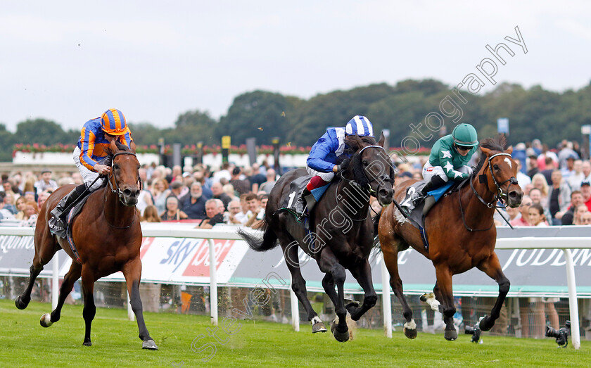 Mostahdaf-0008 
 MOSTAHDAF (Frankie Dettori) beats NASHWA (right) and PADDINGTON (left) in The Juddmonte International Stakes
York 23 Aug 2023 - Pic Steven Cargill / Racingfotos.com