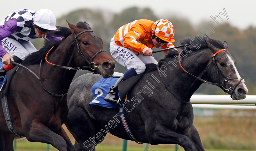 Blazing-Tunder-0009 
 BLAZING TUNDER (Dane O'Neill) beats ASTROLOGIST (left) in The Kier Construction EBF Maiden Stakes Div2 Nottingham 18 Oct 2017 - Pic Steven Cargill / Racingfotos.com