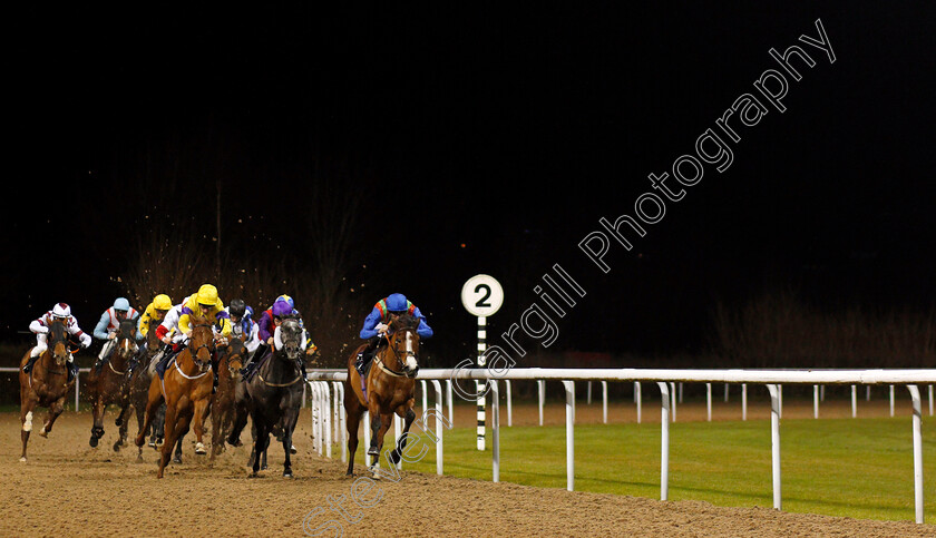 Reasoned-0002 
 REASONED (yellow, Shane Kelly) beats PENARTH PIER (right) in The Bombardier March To Your Own Drum Handicap
Wolverhampton 19 Dec 2019 - Pic Steven Cargill / Racingfotos.com