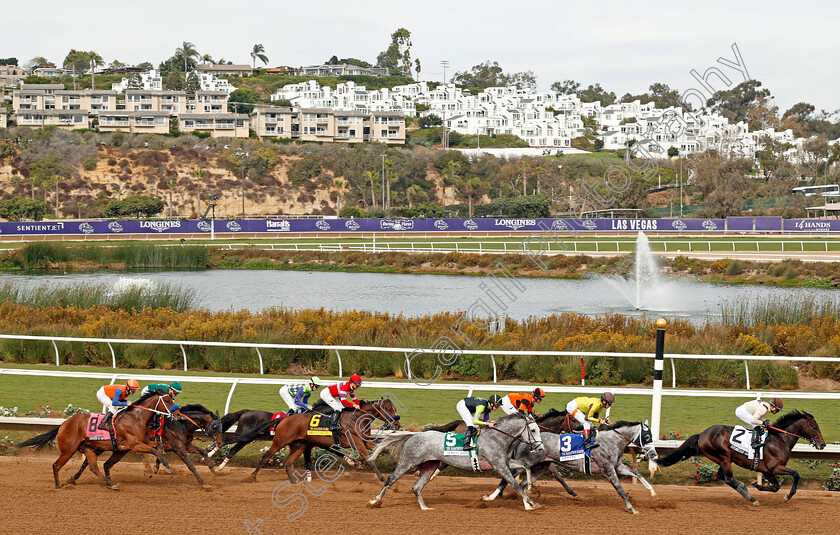 Destin-0006 
 winner DESTIN (2nd right, John Velazquez) races in 2nd place on the first circuit of The Marathon Stakes Del Mar USA 3 Nov 2017 - Pic Steven Cargill / Racingfotos.com