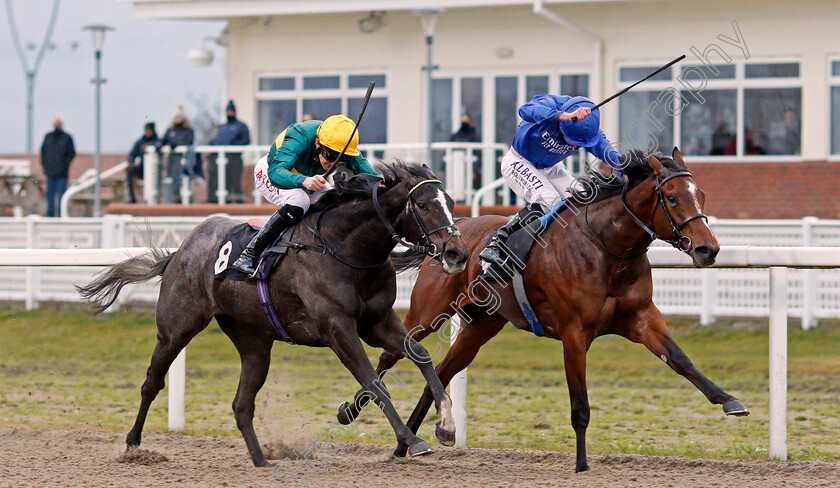 Regent-0001 
 REGENT (left, Robert Havlin) beats COLOUR OF LIGHT (right) in The tote Placepot Your First Bet Fillies Novice Stakes
Chelmsford 4 Mar 2021 - Pic Steven Cargill / Racingfotos.com