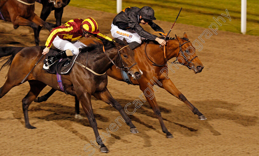 Magic-Pulse-0005 
 MAGIC PULSE (right, Dougie Costello) beats AVON GREEN (left) in The totescoop6 Play For £2 This Saturday Nursery Chelmsford 16 Nov 2017 - Pic Steven Cargill / Racingfotos.com