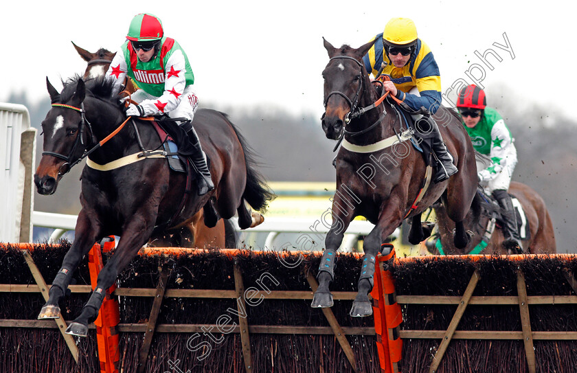 Voie-Dans-Voie-and-Over-The-Arch-0001 
 VOIE DANS VOIE (left, Wayne Hutchinson) jumps with OVER THE ARCH (right) Ascot 25 Mar 2018 - Pic Steven Cargill / Racingfotos.com