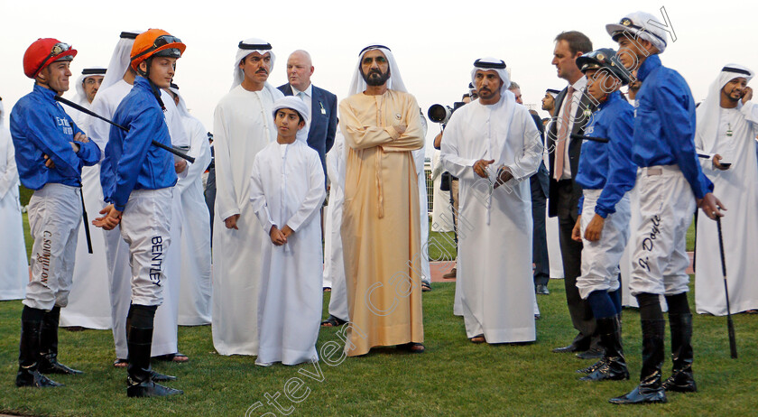 Sheikh-Mohammed-0008 
 SHEIKH MOHAMED shows up in the paddock at the races with jockeys Christophe Soumillon, Harry Bentley, Mickael Barzalona and James Doyle
Meydan 7 Mar 2020 - Pic Steven Cargill / Racingfotos.com