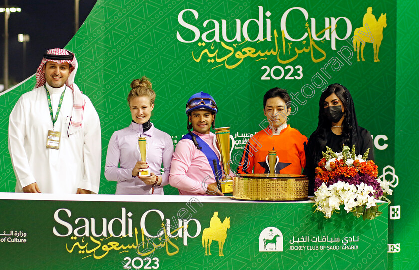 Luis-Saez-0005 
 Presentation to Luis Saez, Yuga Kawada and Joanna Mason, winners of the International Jockeys Challenge 
King Abdulaziz Racecourse, Kingdom of Saudi Arabia, 24 Feb 2023 - Pic Steven Cargill / Racingfotos.com